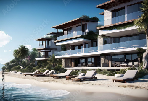 Resort located on a flat beach 50 meters from the sea. The terrain is flat, construction of 1-2-storey residential cottages, villas and landscape design, © Perecciv