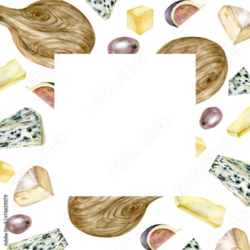 Cheese plate watercolor square frame. Hand drawn food illustration with brie, camembert, white cheese, cheddar and figs fruits for product packing, menu, restaurant design