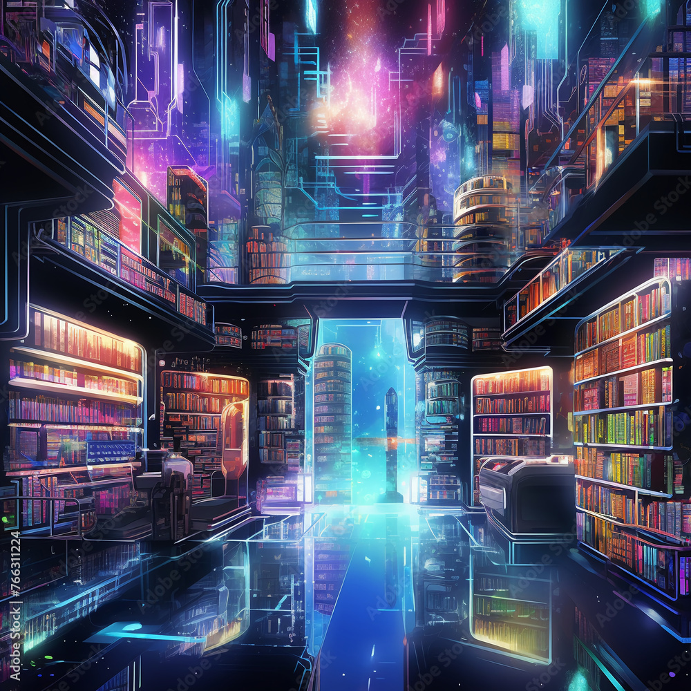 Cyberpunk metaverse library holographic shelves drone view vivid colors night , close-up
