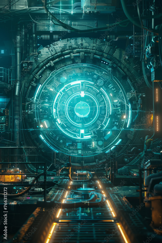 Futuristic sci-fi circular vault door at the heart of an industrial facility with intricate piping and high-tech details, emulating a scene from a science fiction movie.