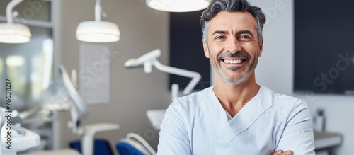 Smiling man sitting comfortably in a dental chair  looking directly at the camera with a cheerful expression