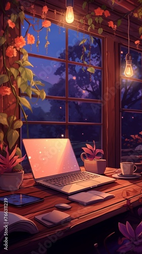 Digital library access on laptop endless knowledge topdown serene twilight ambiance   cartoon cute style
