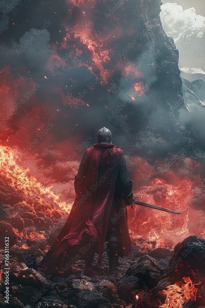 A lone knight in armor stands before a dramatic landscape of flowing lava and rugged mountains, with a fiery sky above.