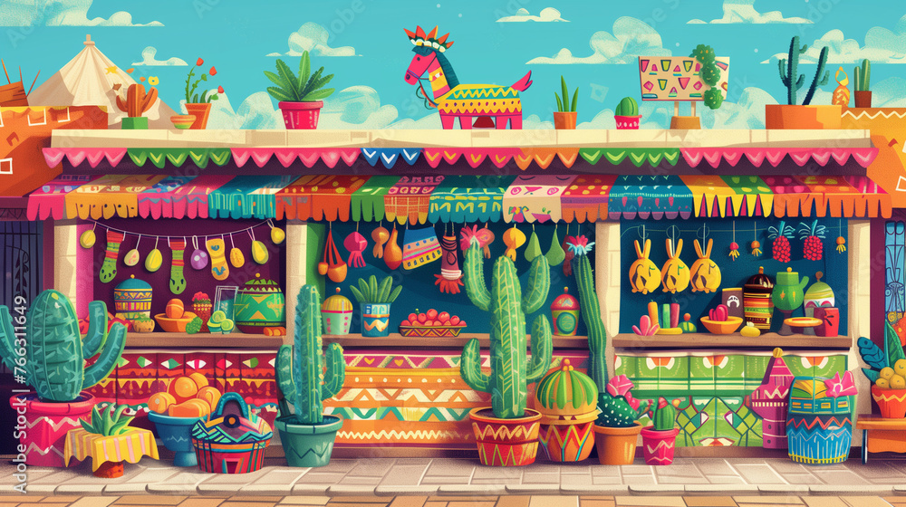 Fototapeta premium Picnic on Cinco de Mayo a decorated table, and Mexican flags in the park, ai 