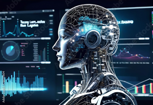 A data analyst analyzes and visualizes a complex information network using artificial intelligence. Machine learning algorithm for business analytics and finance, Big data analytics using artificial i