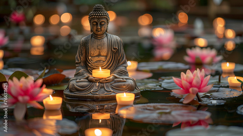 A serene Buddha statue illuminated by candlelight with floating lotus flowers in the foreground,ai