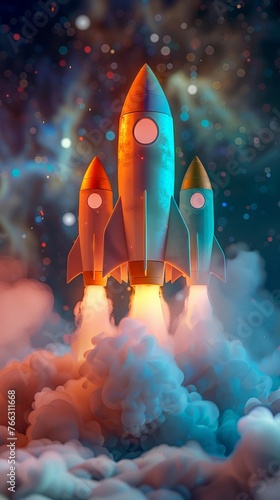 Pastel rockets on black startup growth concept