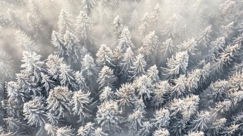 Aerial View of Snow-Covered Pine Forest in Winter © nitiroj