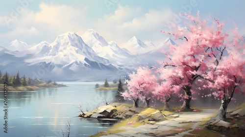A gentle breeze causing the blossoms to sway as the Alps proudly display their grandeur, creating a symphony of colors and textures in the spring air photo