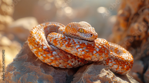 A coiled orange and brown patterned snake with scales detailed in natural light, blending with rocky terrain.