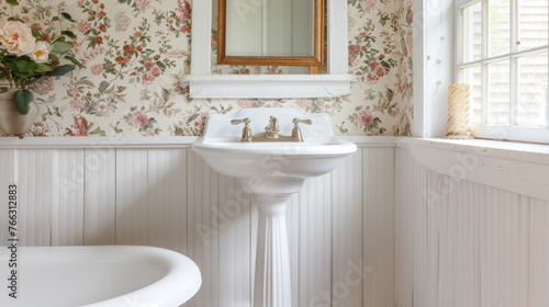 A cottage-style bathroom with beadboard walls, a pedestal sink, and vintage-inspired floral wallpaper for a cozy and inviting feel