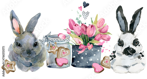 Cute watercolor baby bunny with flowers bouquet. Hand-drawn watercolor portrait of a rabbit bunny with a bouquet of flowers (ID: 766313075)