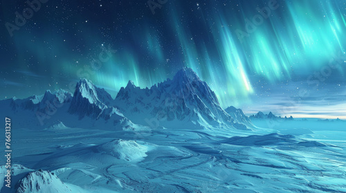 A breathtaking vista of an icy landscape under a night sky illuminated by the aurora borealis. The scene is dominated by rugged, snow-covered mountains and the serene beauty of the polar lights. © ChubbyCat