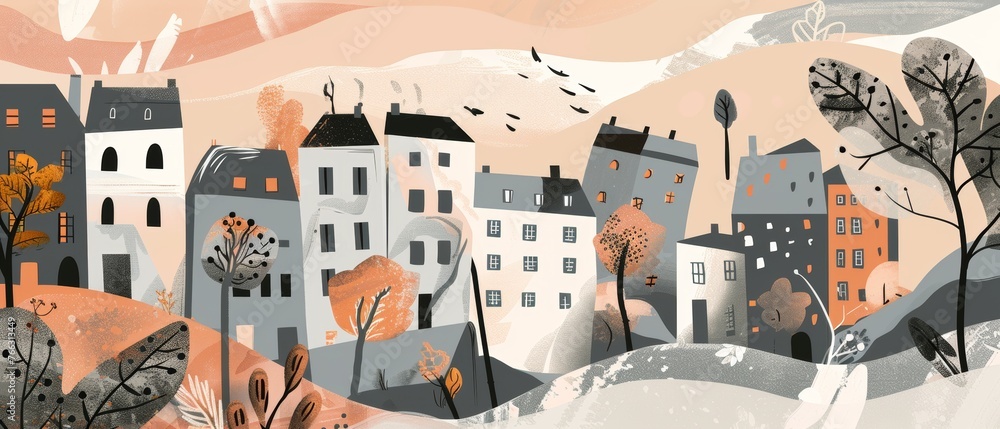 Autumn rainy city street illustration with uneven houses and foliage flies. Street cityscape with autumn trees in the foreground, puddles.