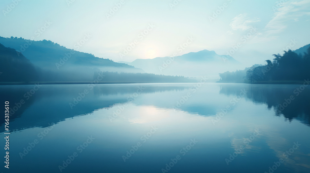 A tranquil landscape capturing the serene beauty of a misty lake at dawn with gentle reflections on the water surface and silhouettes of hills against the soft morning light.