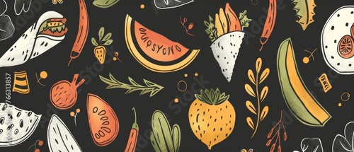 Hand drawn modern illustration of Mexican food seamless pattern on black background. Engraved style image with a chalkboard feel. Different kinds of Mexican food. Linear graphic on chalkboard.