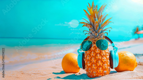Una piña con gafas de sol y auriculares en una playa con naranjas y un cielo azul de fondo