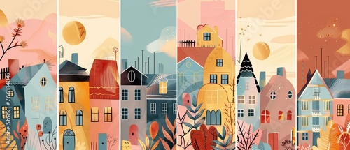 Spring time illustration of detailed colorful houses. Trendy style cute buildings. Modern flat illustration with lettering. photo