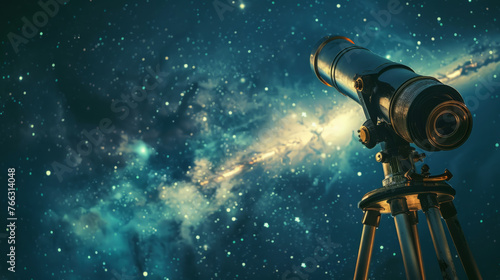 A telescope silhouetted against a starry night sky with a nebula and twinkling stars, evoking a sense of exploration and discovery