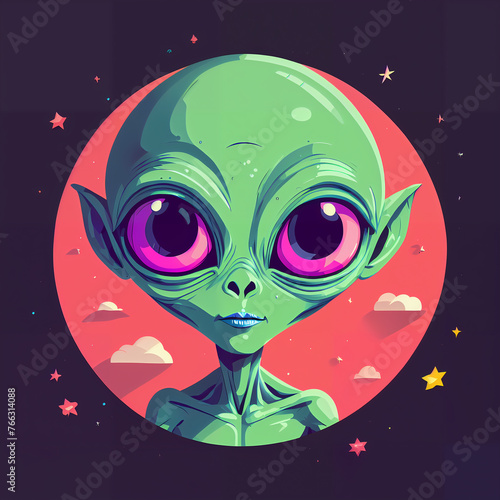 An illustration featuring an alien floating amidst a cosmic landscape adorned with swirling planets and twinkling stars. The alien, in a futuristic spacesuit, possesses big, glossy eyes gleaming 