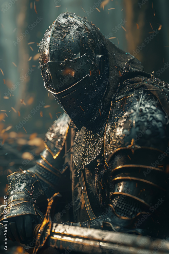 A medieval knight in full armor stands amidst a misty forest, with embers floating around. The atmosphere is moody and evocative of a historical or fantasy setting. A medieval knight in full armor stands amidst a misty forest, with embers floating around. The atmosphere is moody and evocative of a historical or fantasy setting.