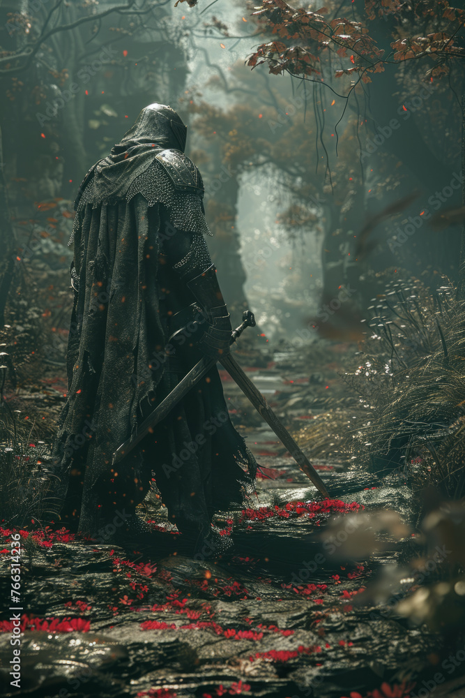 A mysterious figure in medieval armor stands in a dark, foreboding forest with a sword, amid fallen red leaves and a misty backdrop.
