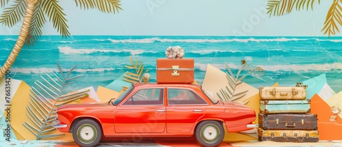Travel by red car with a pile of suitcases on the roof near a beach with palm trees. Cartoon illustration. Flat cartoon modern illustration. Car front view with suitcase stack.