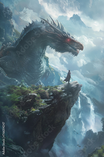 An immense dragon perched atop a rugged cliff with a person standing nearby.