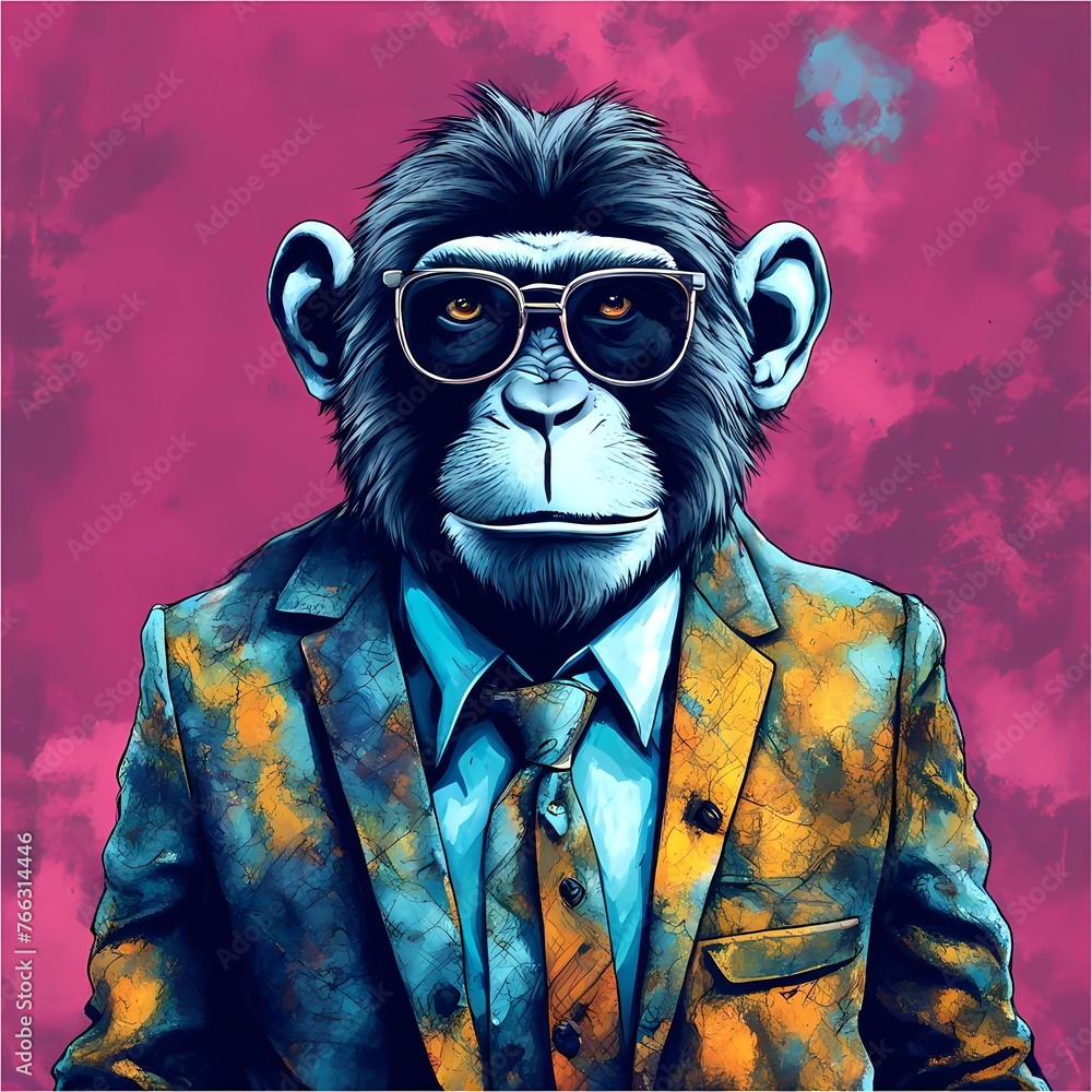 Stunning vector art of a monkey wearing sunglasses and a suit, looking stylish and bold. Stunning vector art of a monkey wearing sunglasses and a suit, looking stylish and bold.