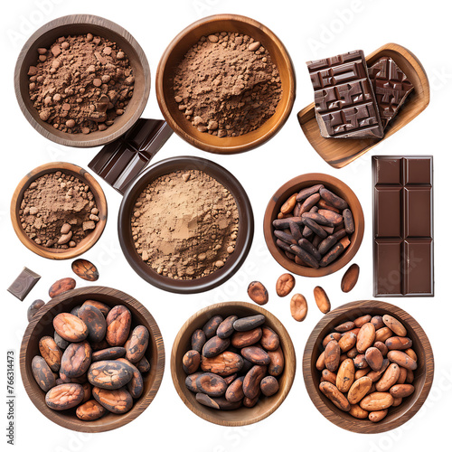 Chocolate ingredients in wooden bowls, cocoa beans, chocolate mass, 