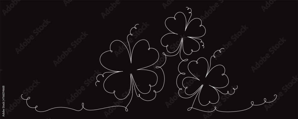 Clover flower banner for Saint Patrick day - good lucky symbol, single line. Vector stock minimalism illustration isolated on black background for design template invitation frame. Editable stroke. Clover flower banner for Saint Patrick day - good lucky symbol, single line. Vector stock minimalism illustration isolated on black background for design template invitation frame. Editable stroke.