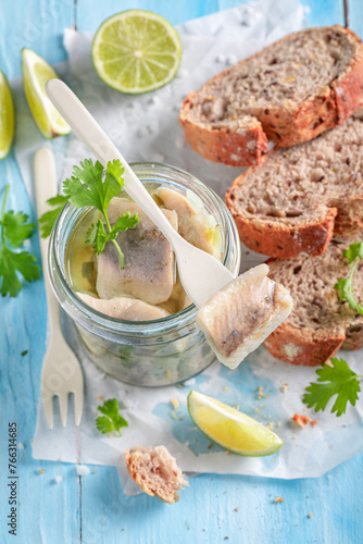 Fresh and delicious pickled fish as popular Polish snack.