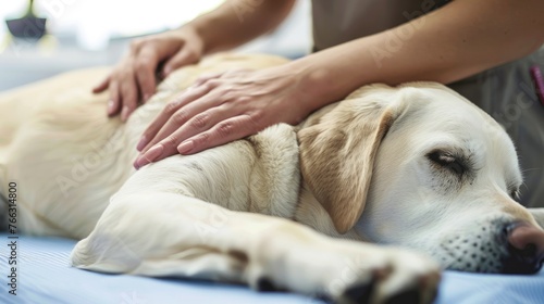 Photo of a fawn Labrador retriever on a massage by a rehabilitation doctor in physiotherapy. Inspection of a dog at a veterinary clinic photo