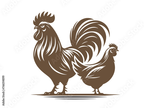 Rooster and hen. Vintage brown old engraving illustration, emblem, logo