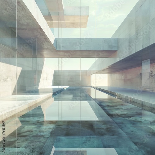 3d render of abstract futuristic glass architecture with empty concrete floor. Generative AI