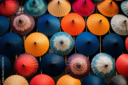 Multi-colored umbrellas, top view. Generative AI