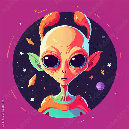 An illustration featuring an alien floating amidst a cosmic landscape adorned with swirling planets and twinkling stars. The alien, in a futuristic