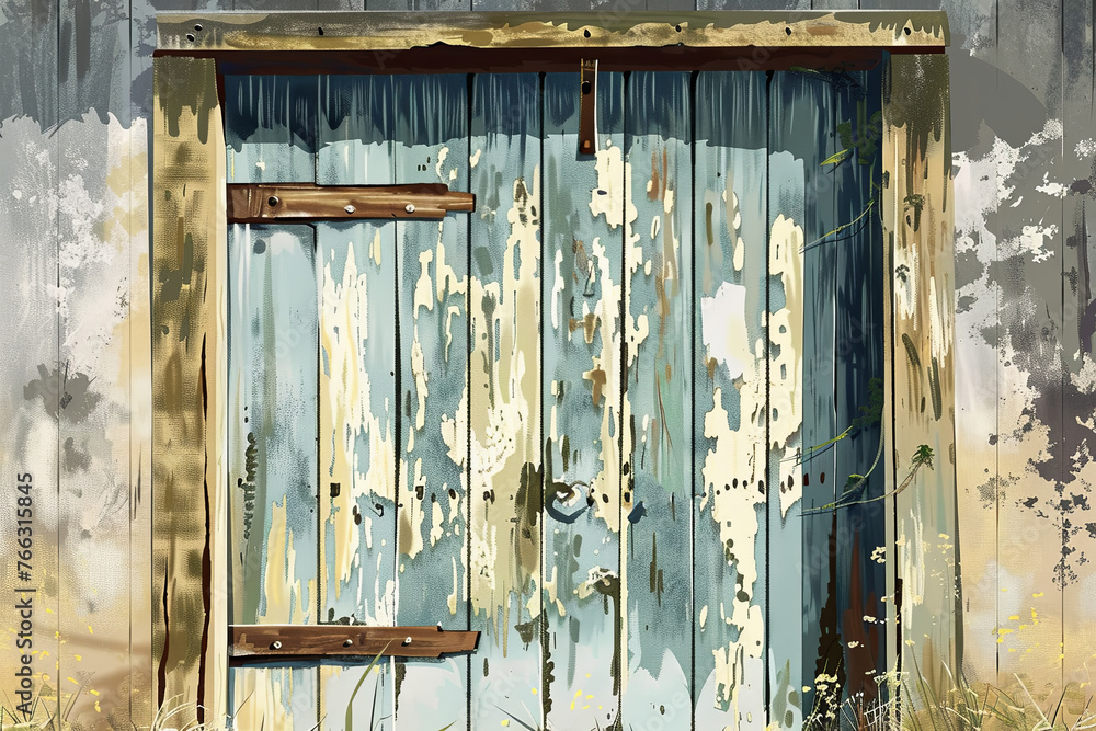 This illustration portrays a rustic barn door set against a weathered wooden wall, telling a story of rural life and timeless summers.