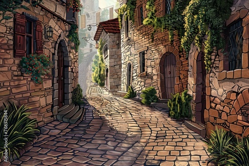 This illustration invites you on a stroll through a timeless cobblestone alleyway, with stone houses adorned with ivy and red flowers basking in the soft, dappled light.