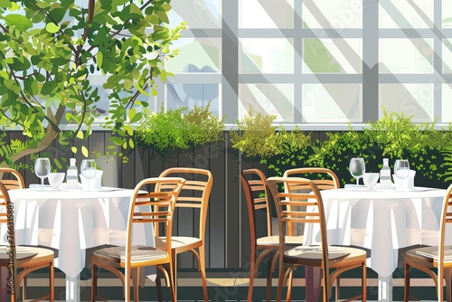 An inviting al fresco dining scene on a modern terrace  framed by verdant plants and the soft play of light and shadow.
