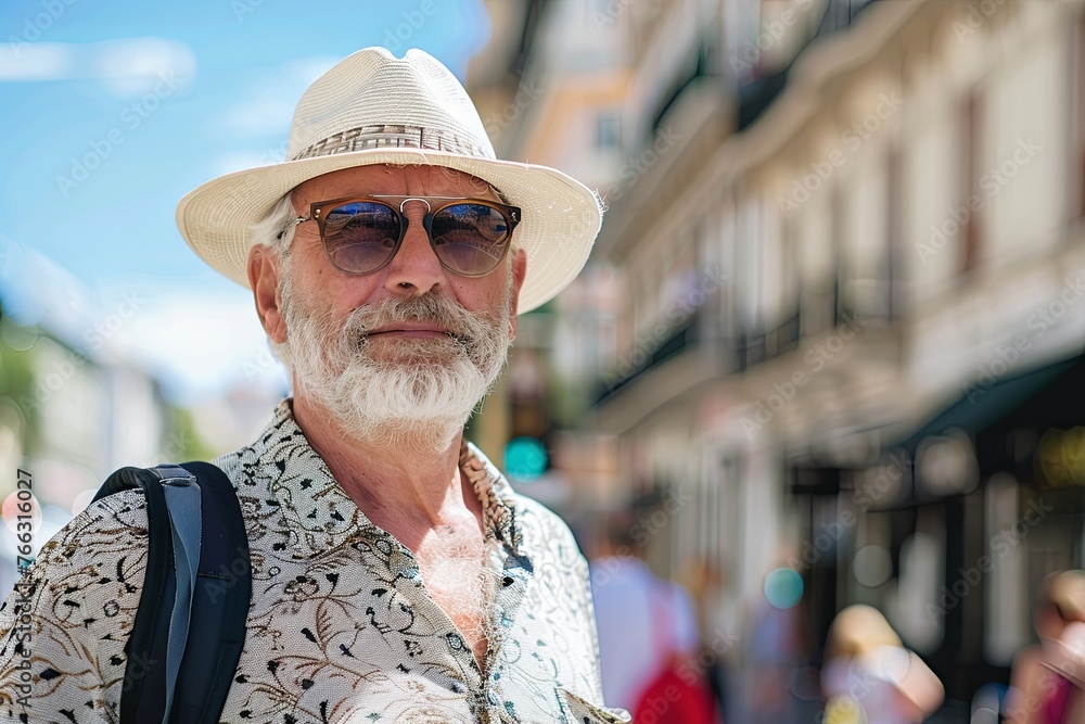 A senior man in a straw hat and sunglasses enjoys the summer ambiance of a bustling city street, reflecting a life well-lived. A senior man in a straw hat and sunglasses enjoys the summer ambiance of a bustling city street, reflecting a life well-lived.