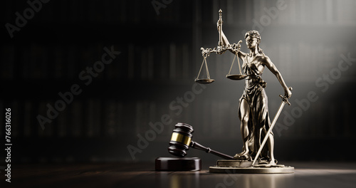 Legal Concept: Themis is the goddess of justice and the judge's gavel hammer as a symbol of law and order on the background of books