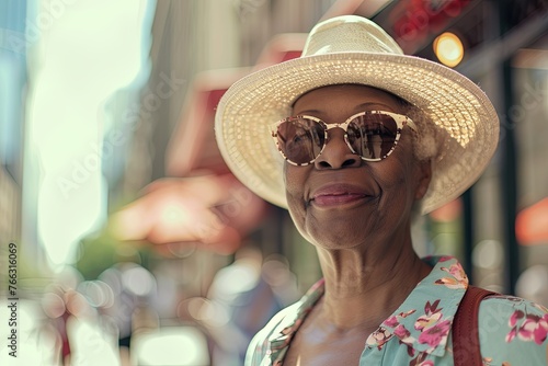 A senior woman in a wide-brimmed hat and chic sunglasses captures the essence of summer in the city with her elegant poise.