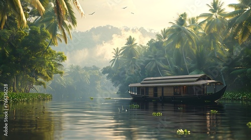 Serenity Adrift: A Charming Houseboat Gracefully Floating, Carrying Dreams Along Gentle Waters, Inviting Adventure and Tranquility in a Captivating Journey Through Nature's Embrace.