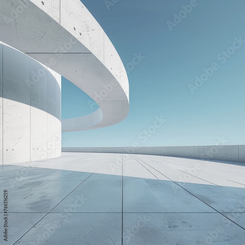 Empty concrete floor for car park. 3d rendering of abstract white curved building with blue sky background. Generative AI