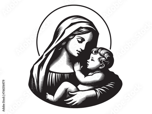 Virgin Mary with baby Jesus in her arms. Renaissance style. Vintage vector engraving illustration. Black and white color. isolated object. Icon, round logo, emblem	