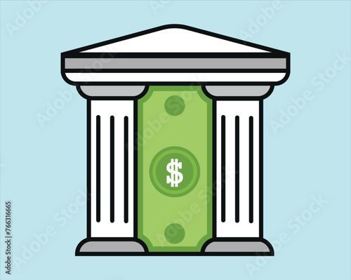 Bank building with money in door isolated on a white background. Front view of courthouse, bank, university, or governmental institution. Vector illustration. Flat design style