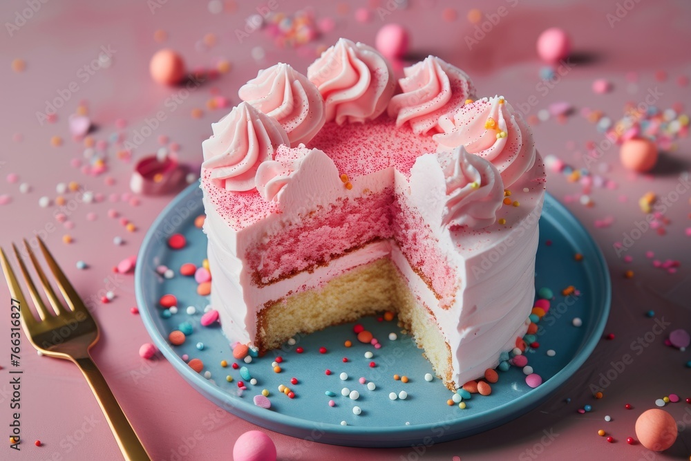 Dreamy Birthday Bliss. A Slice of Pastel Cake With Pink Frosting Dreamy Birthday Bliss. A Slice of Pastel Cake With Pink Frosting