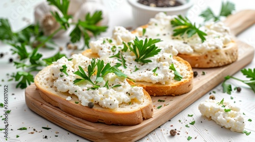 Homemade Crispbread toast with Cottage Cheese and parsley on white wooden board