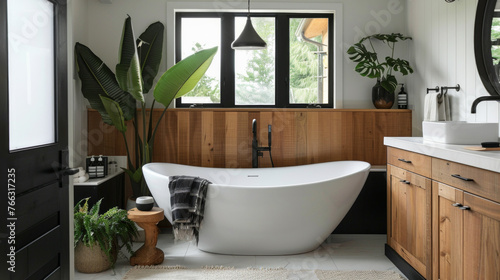A Scandinavian-inspired bathroom with black accents  natural wood elements  and clean lines for a minimalist yet cozy feel